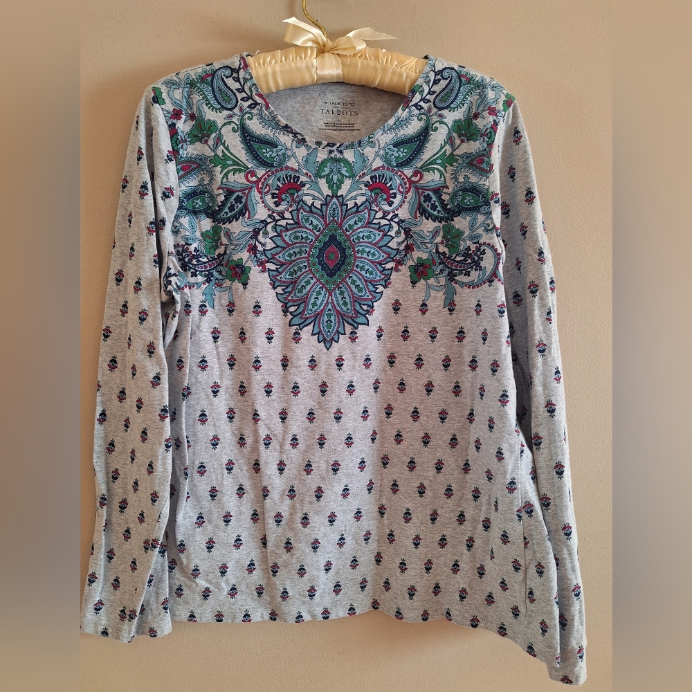 Talbots Gray Long Sleeve Top with Teal and Navy Accents
